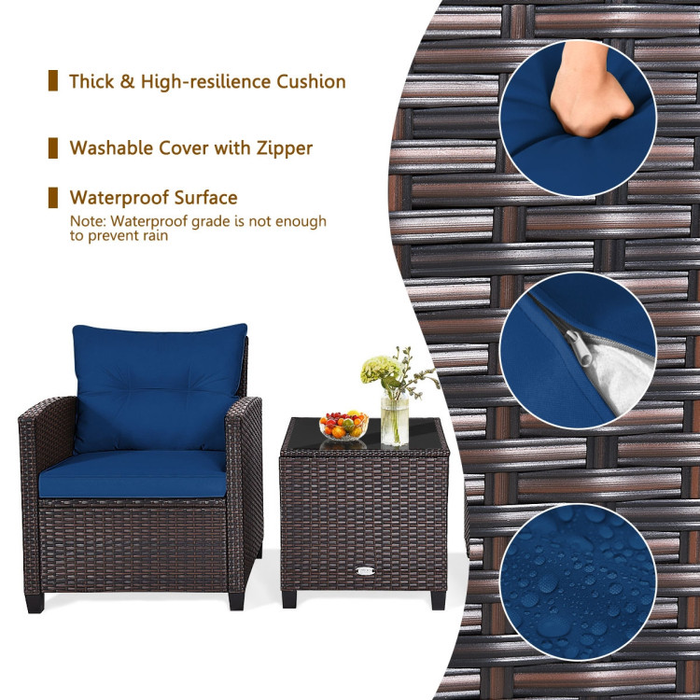 3 Pieces Rattan Patio Furniture Set with Washable Cushion/Navy