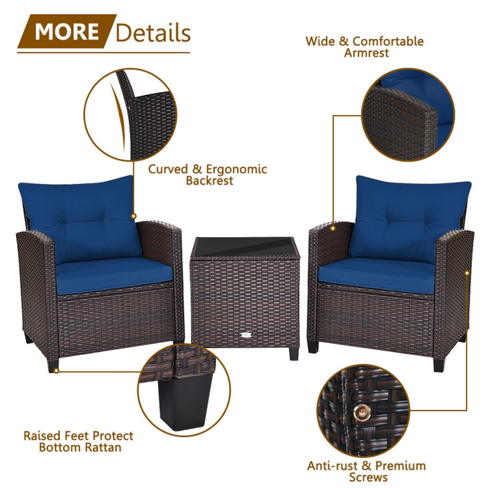 3 Pieces Rattan Patio Furniture Set with Washable Cushion/Navy