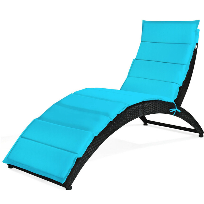 Folding Patio Rattan Portable Lounge Chair Chaise with Cushion/Turquoise
