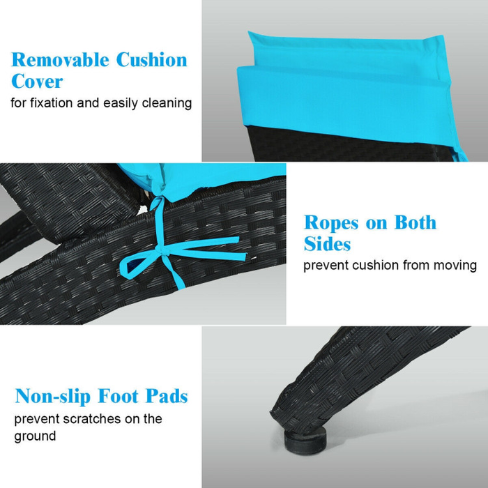 Folding Patio Rattan Portable Lounge Chair Chaise with Cushion/Turquoise