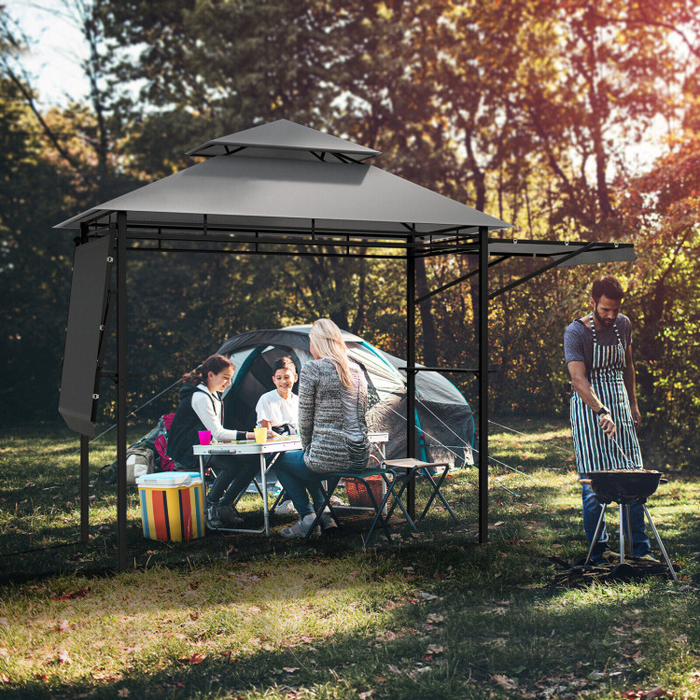 13.5 x 4 Feet Patio BBQ Grill Gazebo Canopy with Dual Side Awnings/Grey