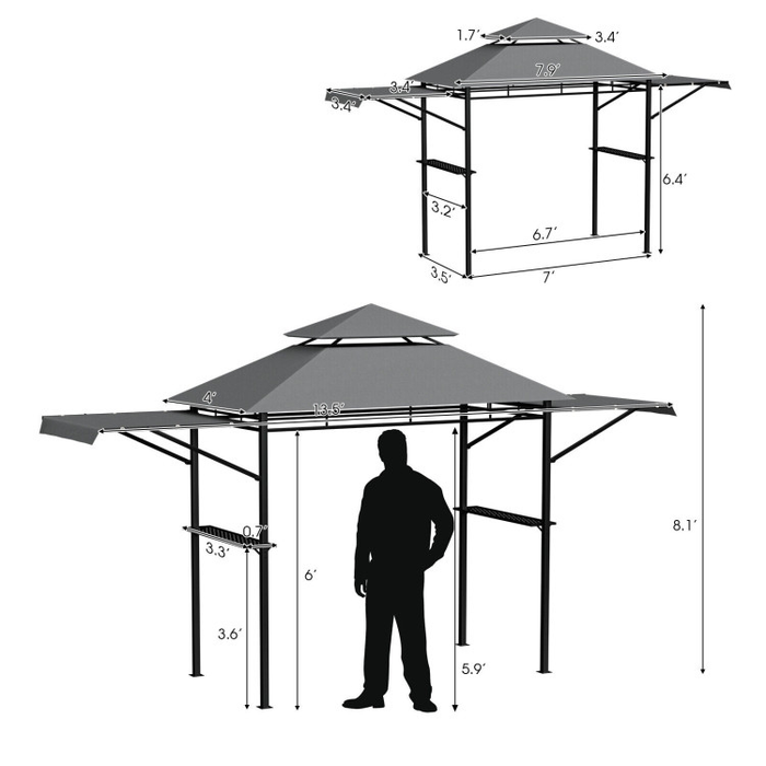 13.5 x 4 Feet Patio BBQ Grill Gazebo Canopy with Dual Side Awnings/Grey