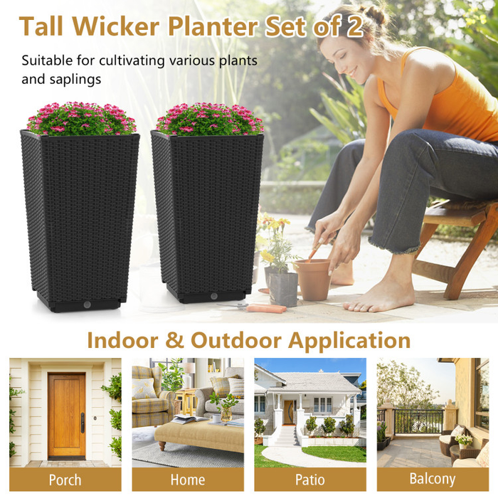 Outdoor Wicker Flower Pot Set of 2 with Drainage Hole for Porch Balcony