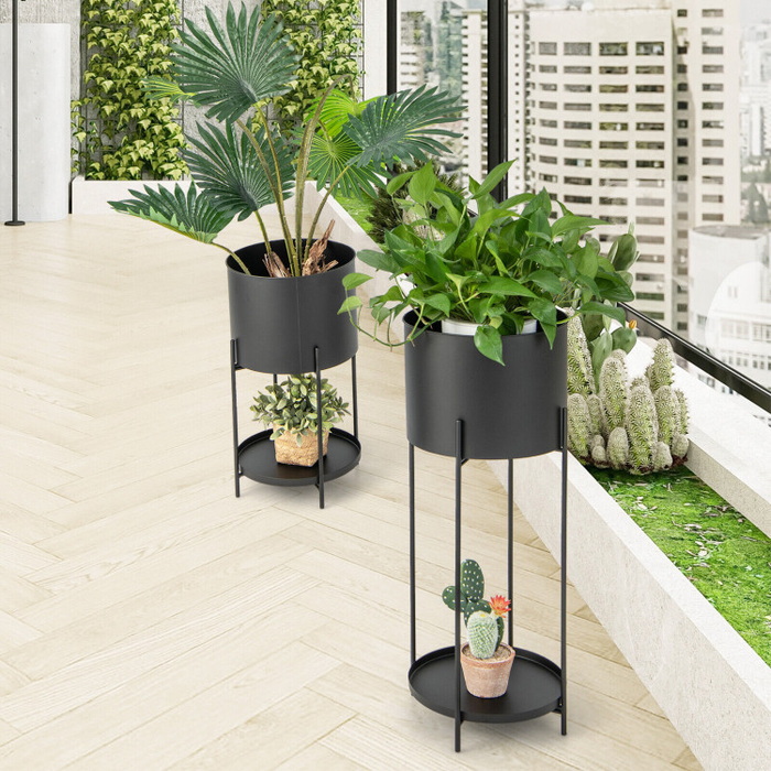 indoor plant stand with drainage 2 Metal Planter Pot Stands with Drainage Holes-Black
