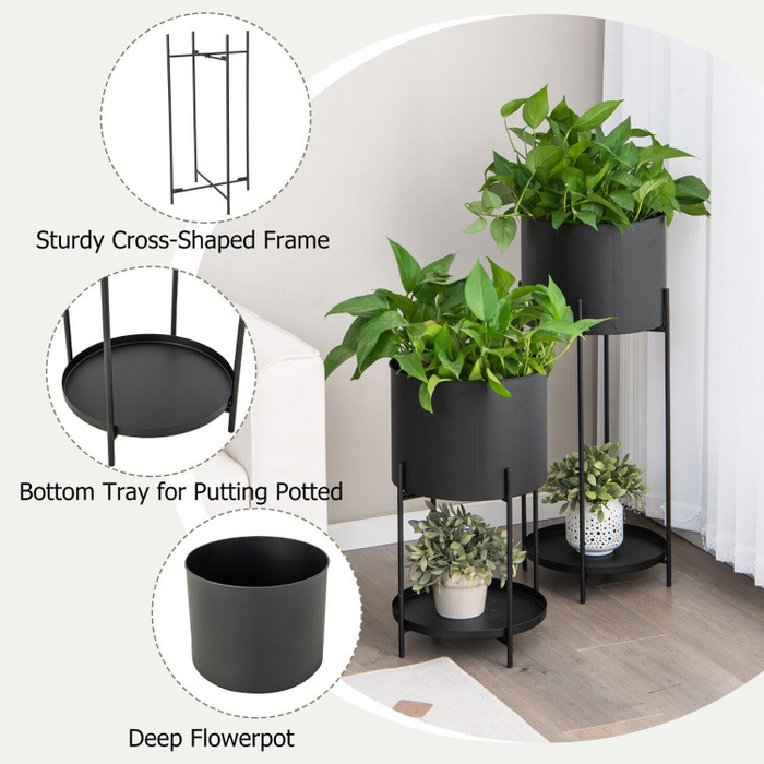 indoor plant stand with drainage 2 Metal Planter Pot Stands with Drainage Holes-Black