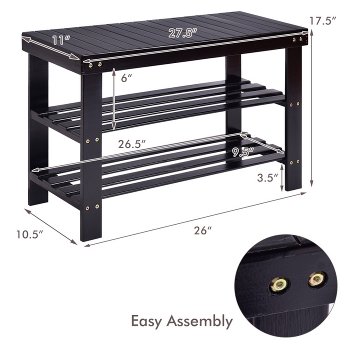 3-Tier Bamboo Shoe Rack Bench for Entryway/Black