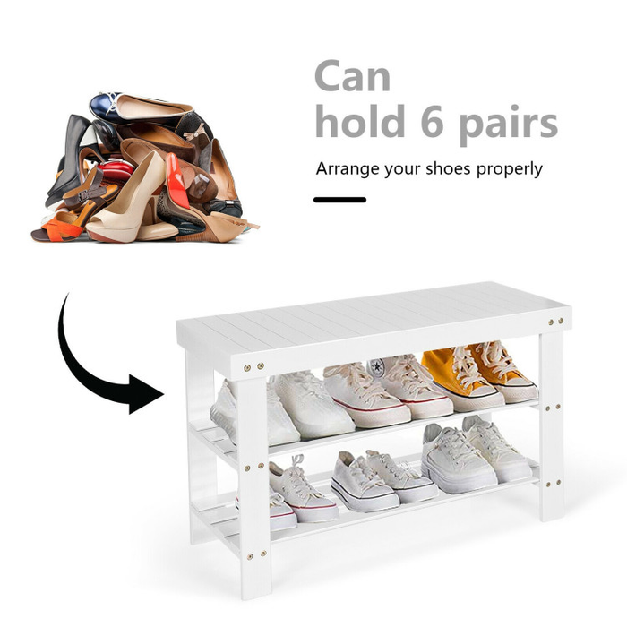 3-Tier Bamboo Shoe Rack Bench for Entryway/White