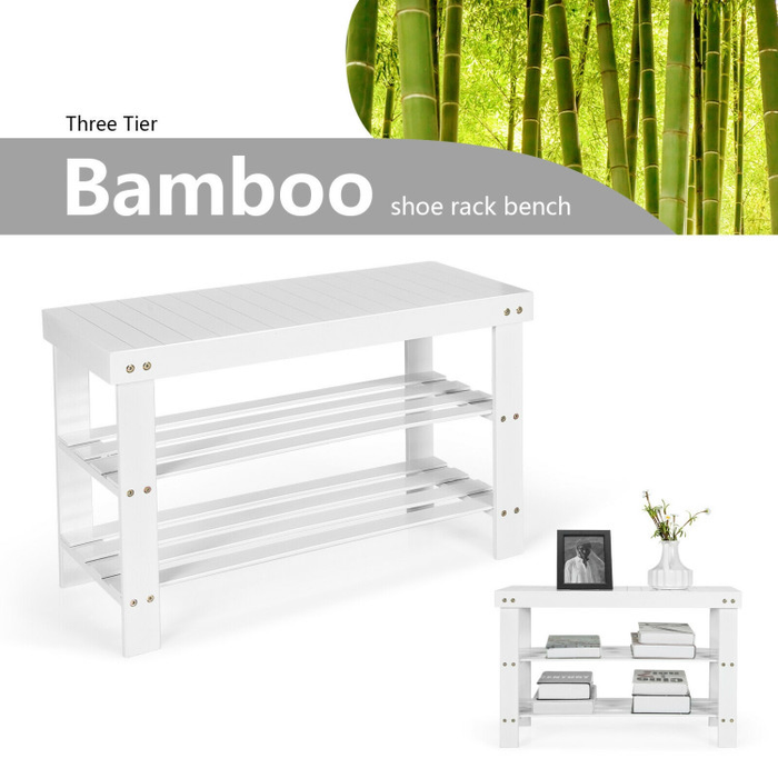 3-Tier Bamboo Shoe Rack Bench for Entryway/White