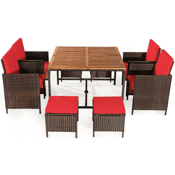 9 Pieces Patio Rattan Dining Cushioned Chairs Set/Red