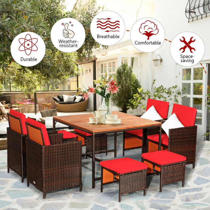 9 Pieces Patio Rattan Dining Cushioned Chairs Set/Red