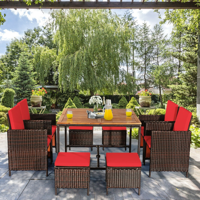 9 Pieces Patio Rattan Dining Cushioned Chairs Set/Red