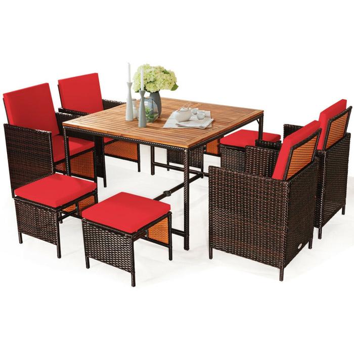 9 Pieces Patio Rattan Dining Cushioned Chairs Set/Red