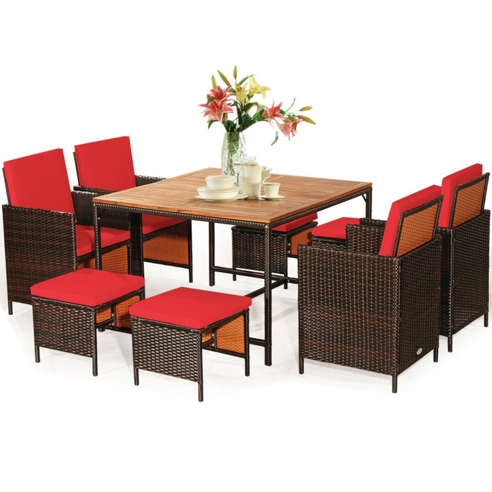 9 Pieces Patio Rattan Dining Cushioned Chairs Set/Red