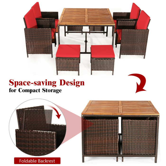 9 Pieces Patio Rattan Dining Cushioned Chairs Set/Red