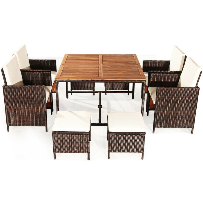 9 Pieces Patio Rattan Dining Cushioned Chairs Set/White