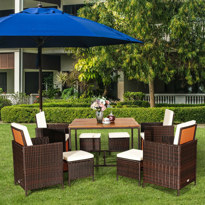 9 Pieces Patio Rattan Dining Cushioned Chairs Set/White