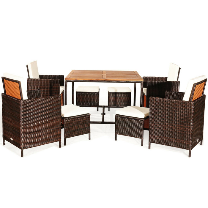 9 Pieces Patio Rattan Dining Cushioned Chairs Set/White