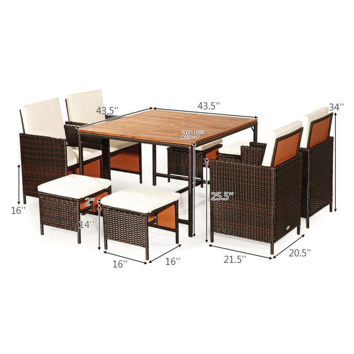 9 Pieces Patio Rattan Dining Cushioned Chairs Set/White