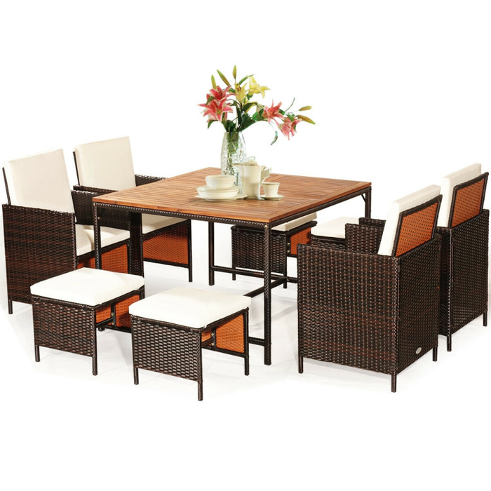 9 Pieces Patio Rattan Dining Cushioned Chairs Set/White