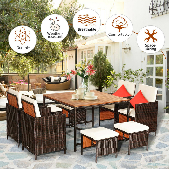 9 Pieces Patio Rattan Dining Cushioned Chairs Set/White