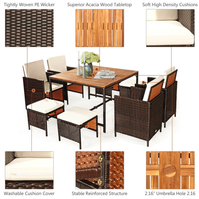 9 Pieces Patio Rattan Dining Cushioned Chairs Set/White