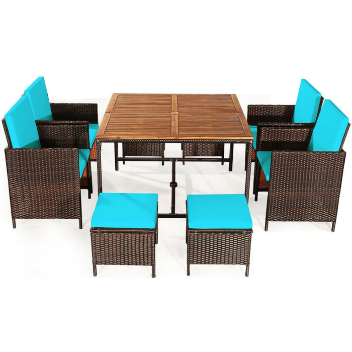 9 Pieces Patio Rattan Dining Cushioned Chairs Set/Turquoise