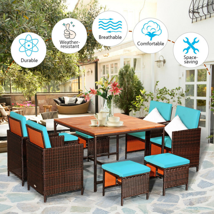 9 Pieces Patio Rattan Dining Cushioned Chairs Set/Turquoise
