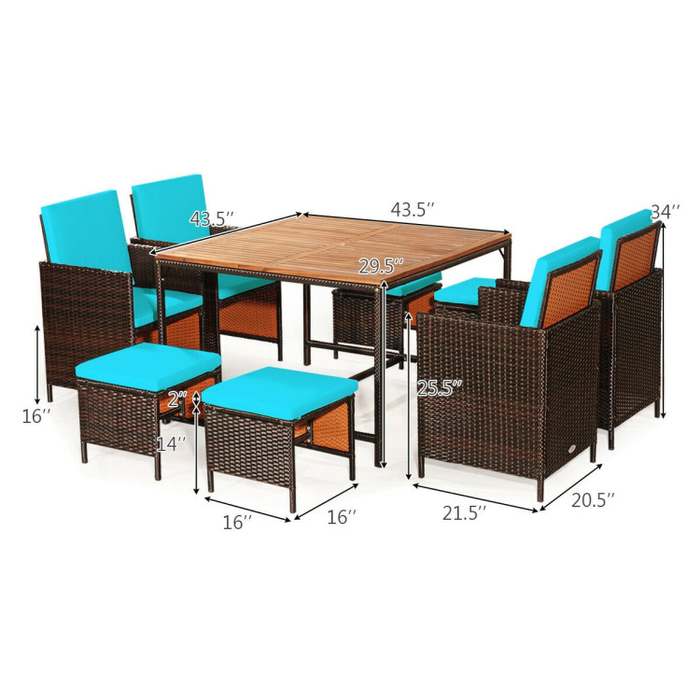 9 Pieces Patio Rattan Dining Cushioned Chairs Set/Turquoise