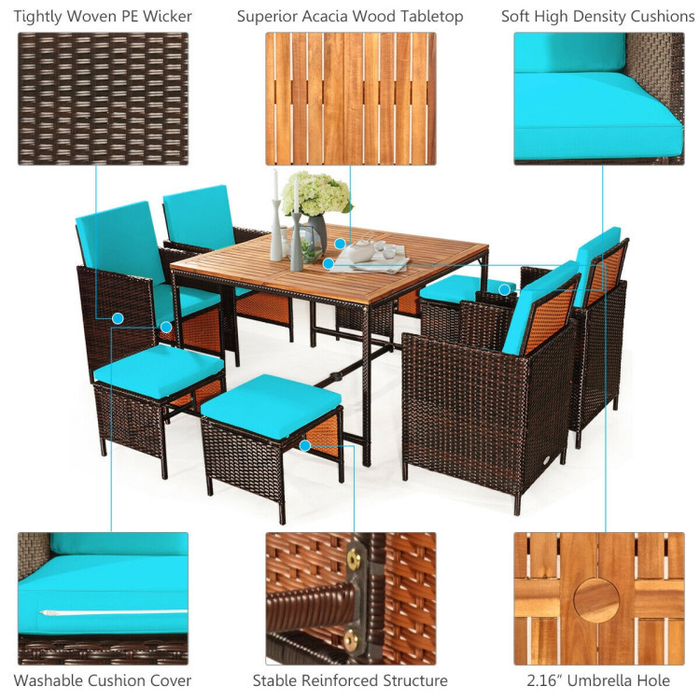 9 Pieces Patio Rattan Dining Cushioned Chairs Set/Turquoise