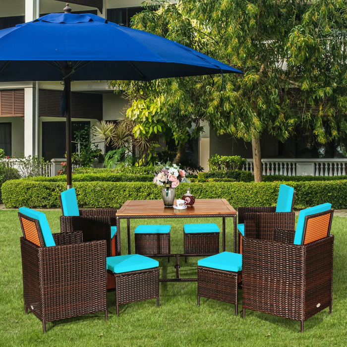 9 Pieces Patio Rattan Dining Cushioned Chairs Set/Turquoise