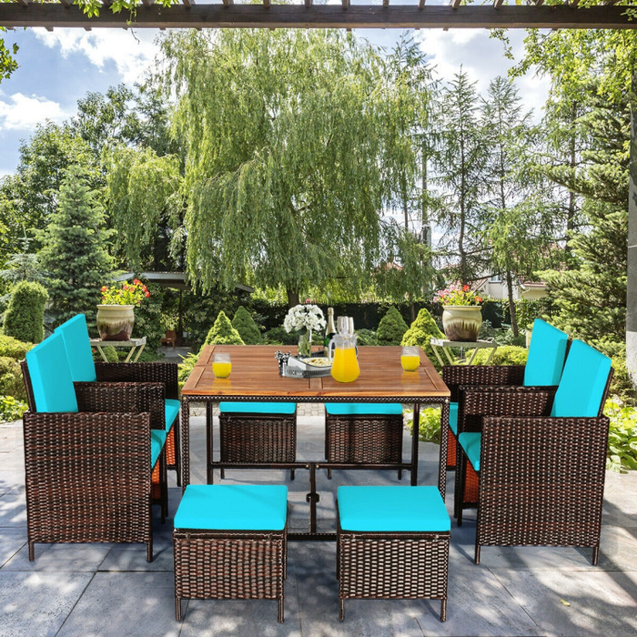 9 Pieces Patio Rattan Dining Cushioned Chairs Set/Turquoise