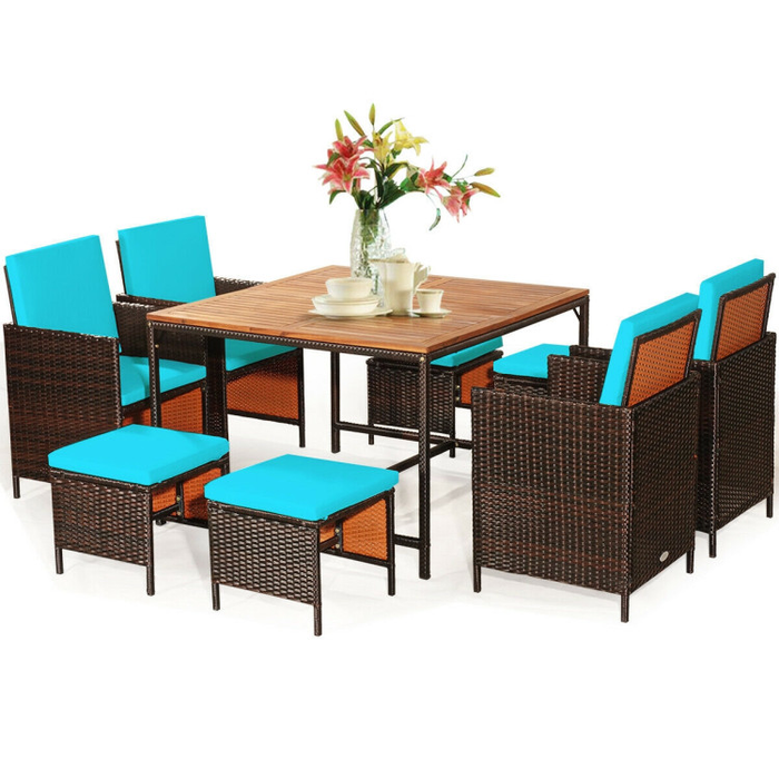 9 Pieces Patio Rattan Dining Cushioned Chairs Set/Turquoise
