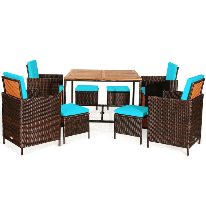 9 Pieces Patio Rattan Dining Cushioned Chairs Set/Turquoise
