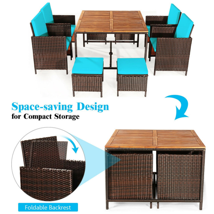 9 Pieces Patio Rattan Dining Cushioned Chairs Set/Turquoise