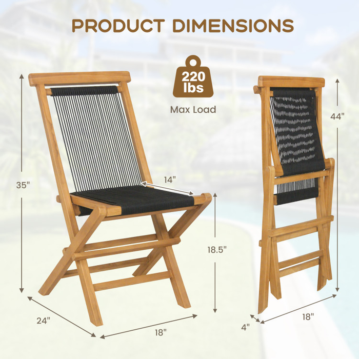 2 Piece Patio Folding Chairs with Woven Rope Seat and Back