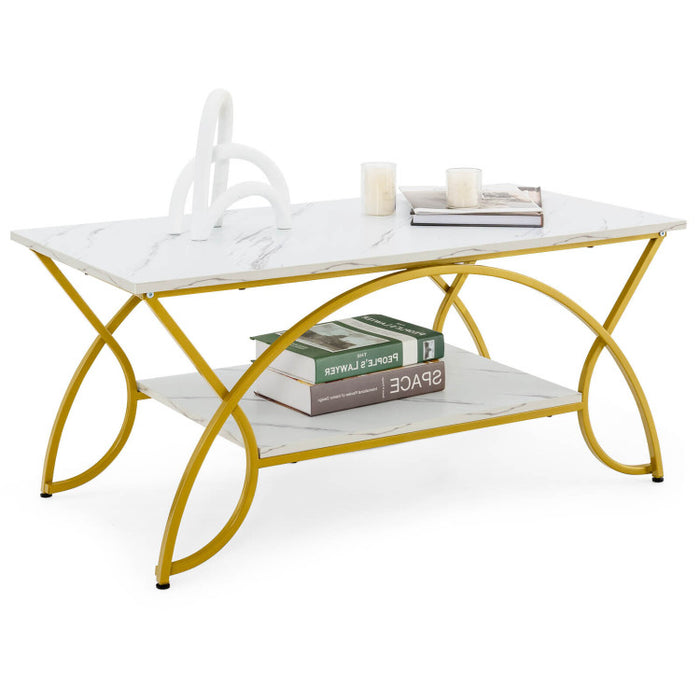 2 Tier Faux Marble Coffee Table with Marble Top/Golden White