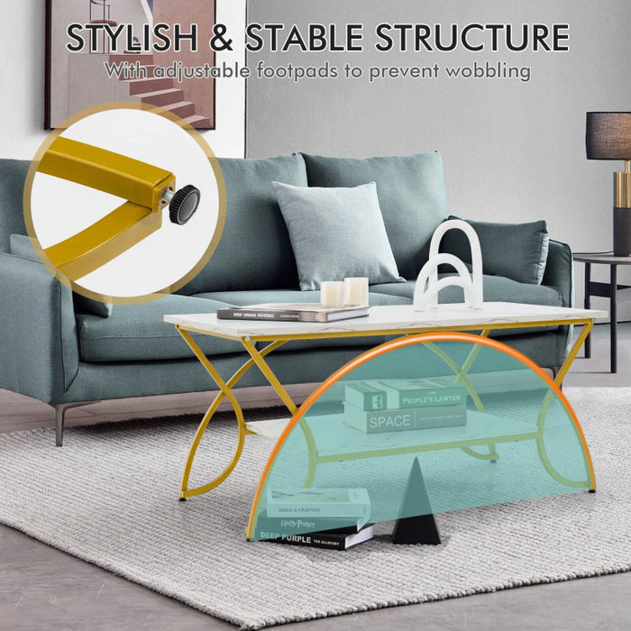 2 Tier Faux Marble Coffee Table with Marble Top/Golden White