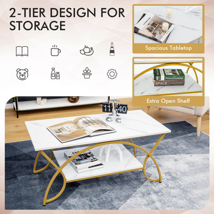 2 Tier Faux Marble Coffee Table with Marble Top/Golden White