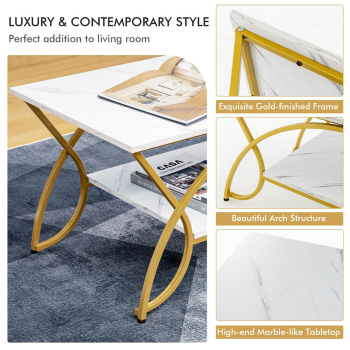 2 Tier Faux Marble Coffee Table with Marble Top/Golden White