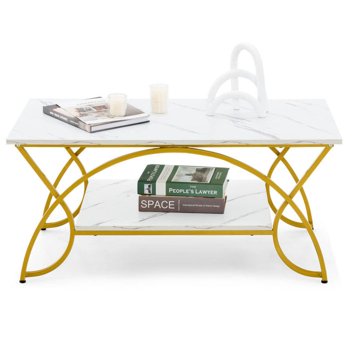 2 Tier Faux Marble Coffee Table with Marble Top/Golden White