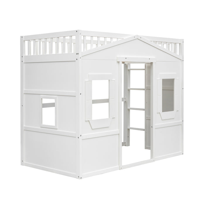 Twin Size House Loft Bed With Ladder/White