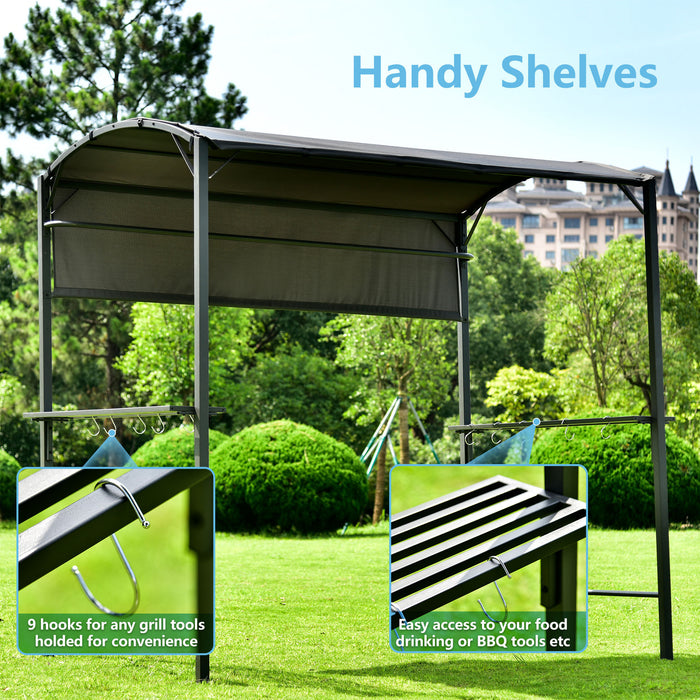 Iron Double Tiered Backyard Patio BBQ Grill Gazebo with Side Awning, Gray