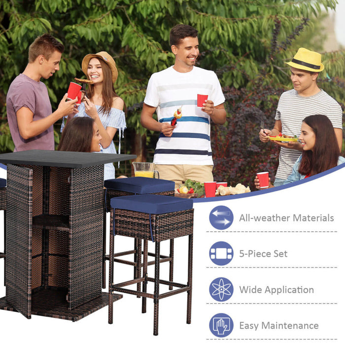 5 Pieces Patio Rattan Cushioned Bar Furniture Set/Navy