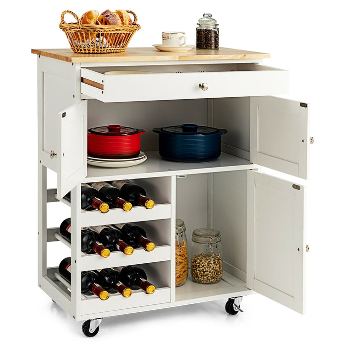 Kitchen Cart with Rubber Wood Top 3 Tier Wine Racks 2 Cabinets/White - Cool Stuff & Accessories