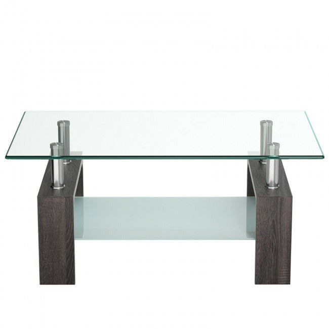 Rectangular Tempered Glass Coffee Table with Shelf/Black