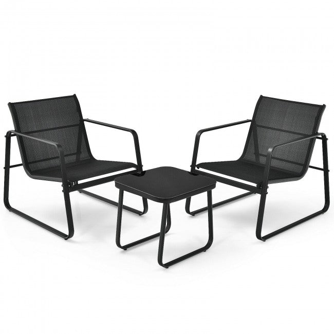 3 Pieces Patio Bistro Furniture Set with Glass Top Table/Black