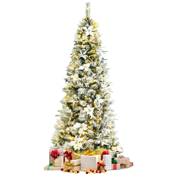 7 Feet Pre Lit Flocked Christmas Tree With Berries And Poinsetta Flowers