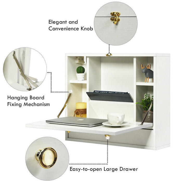 Wall Mounted Folding Laptop Desk Hideaway Storage with Drawer/White - Cool Stuff & Accessories