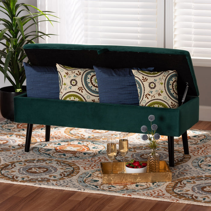 Caine Modern Wood Storage Bench/ Green Velvet