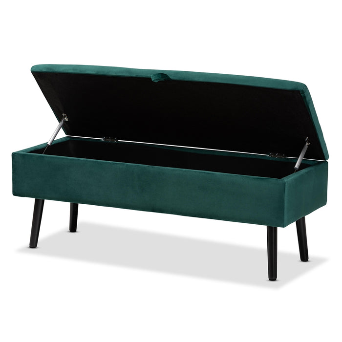 Caine Modern Wood Storage Bench/ Green Velvet